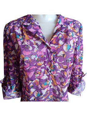 True Vintage Sheer Top Blouse Medium Purple Floral 1970's Roll-Up Sleeves